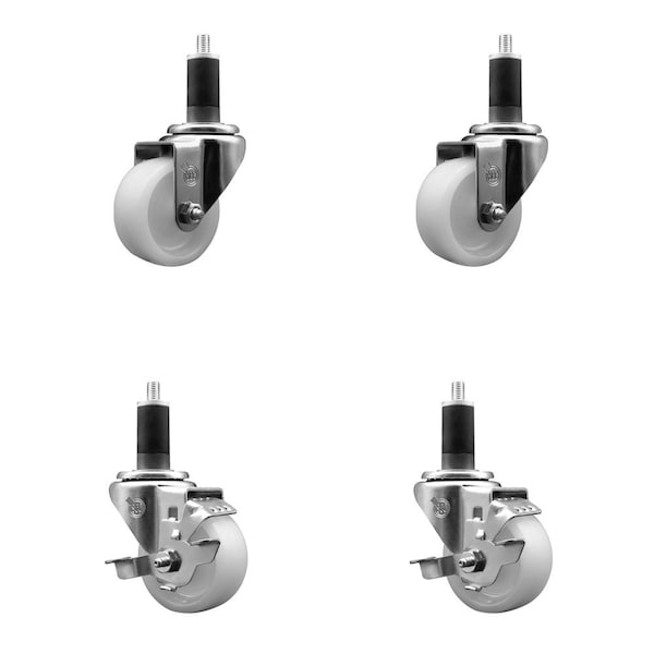 3'' Nylon Wheel Swivel 1-1/4'' Expanding Stem Caster Set 2 Brakes, 4PK